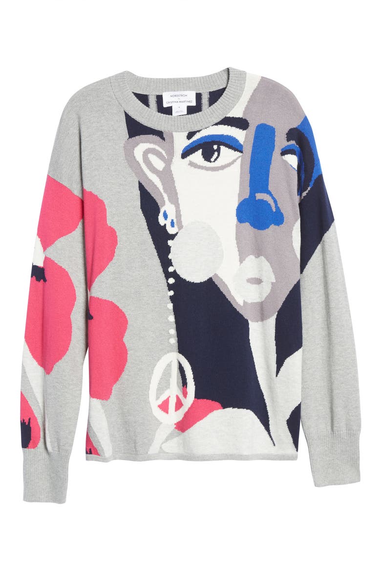 Cristina Martinez Intarsia Design Cotton & Cashmere Crewneck, Alternate, color, GREY PEACE POPPIES