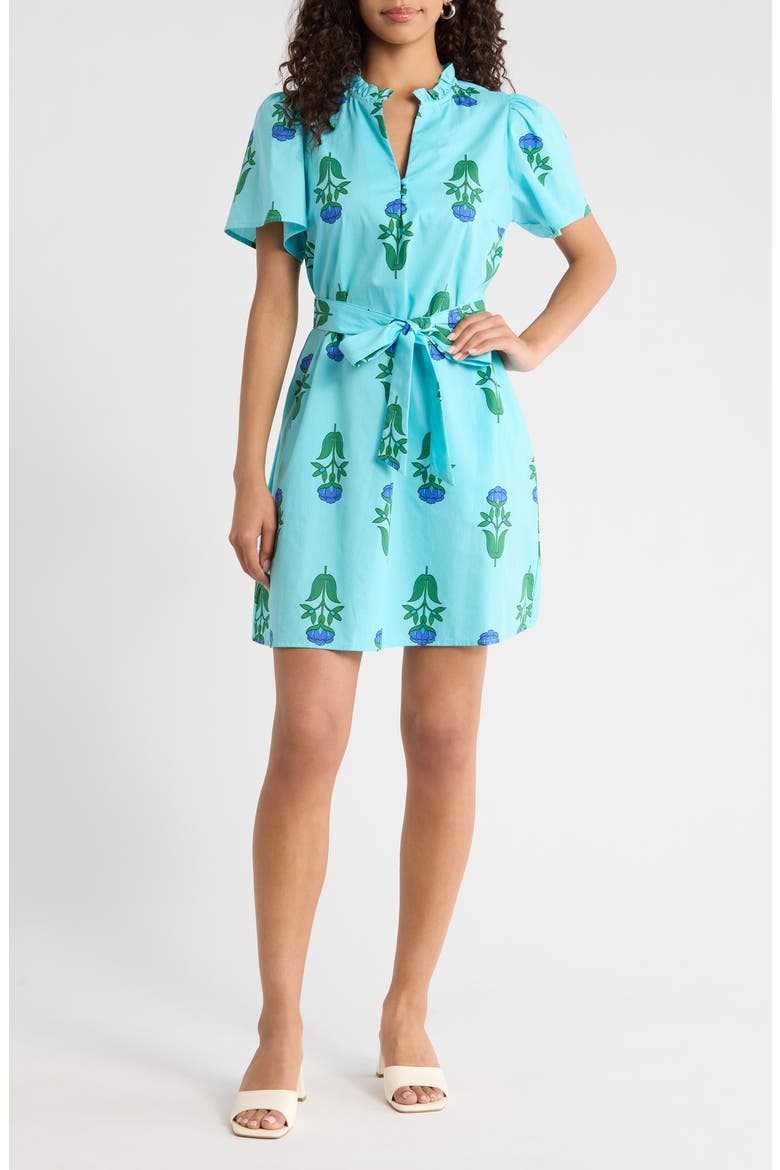 Amena Floral Ema Belted Cotton Dress, Main, color, BLUE-GREENS-MULTI