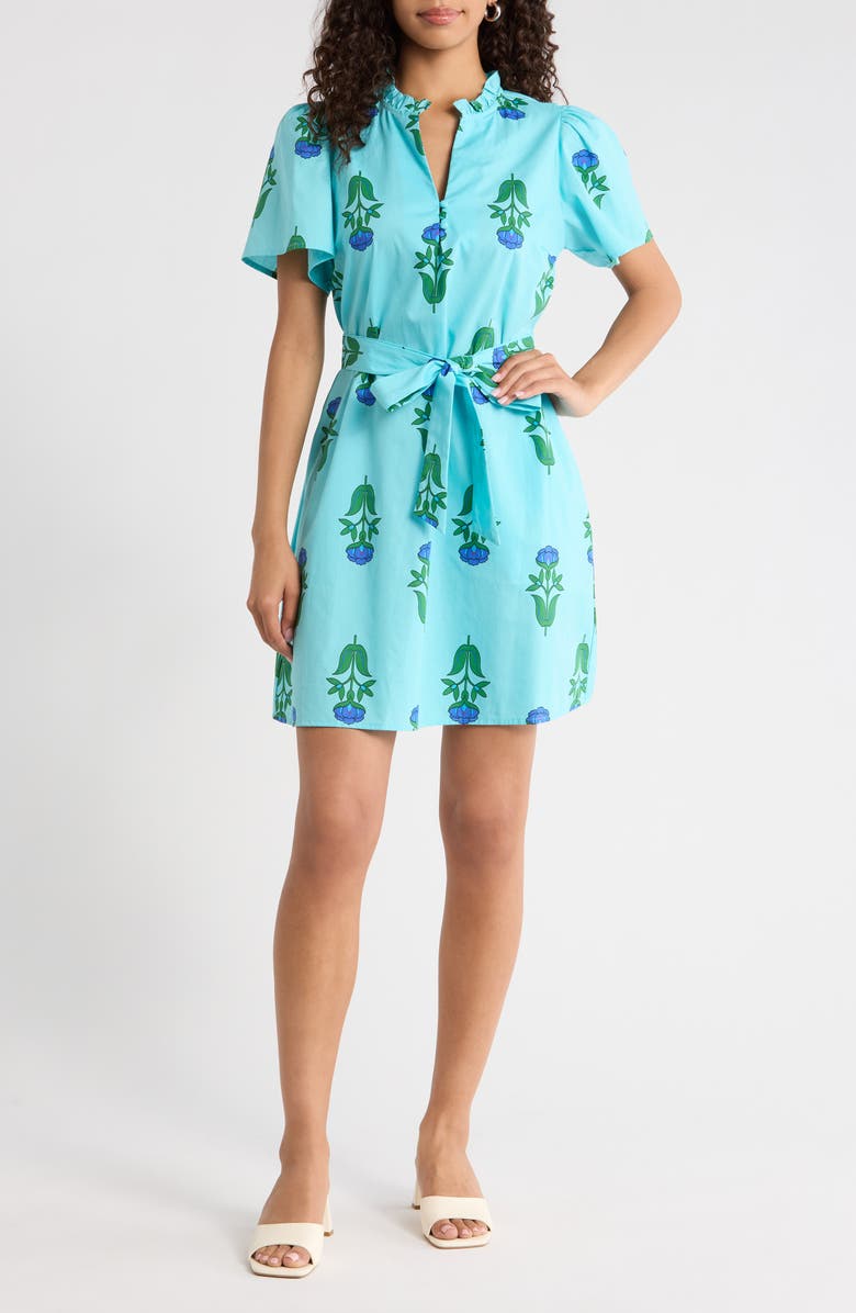 SUGARLIPS Amena Floral Ema Belted Cotton Dress, Main, color, Blue-Greens-Multi