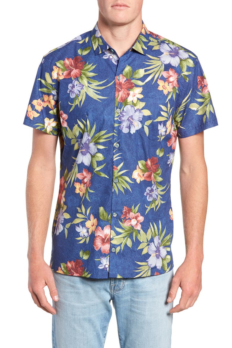 Tropical Filter Trim Fit Camp Shirt, Main, color, NAVY