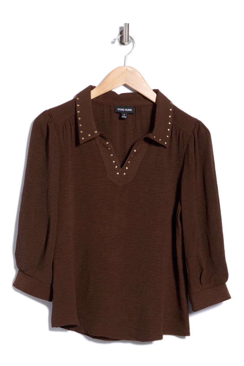 Studded Collar Crepe Top, Main, color, BROWN