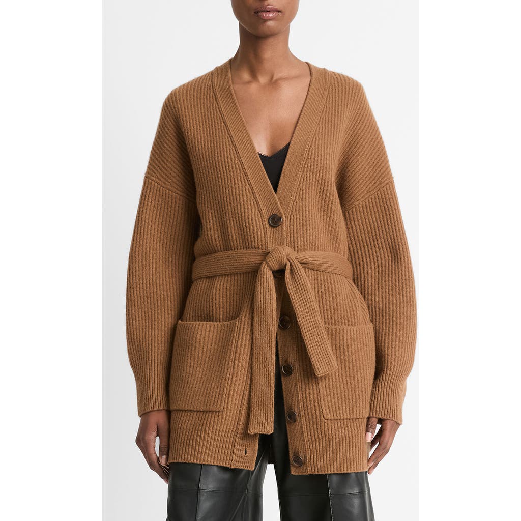 Vince Leather Belt Ribbed Cardigan Sweater In Almond