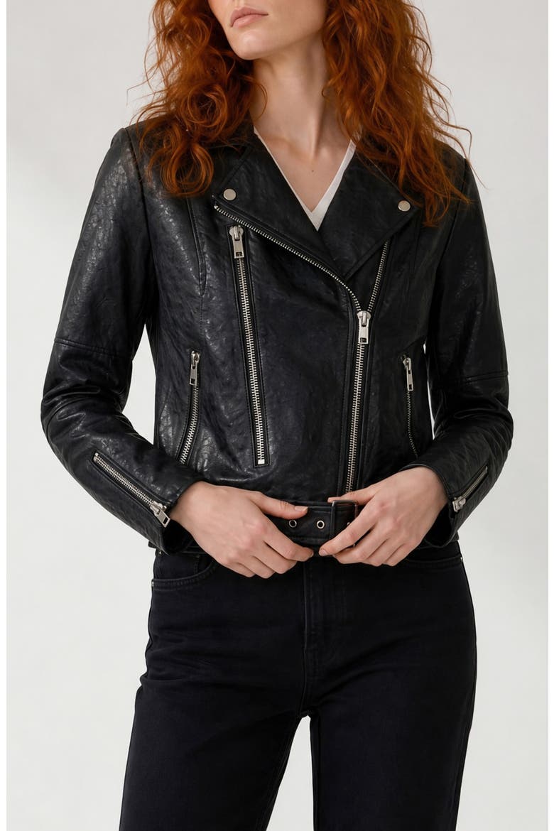 Fianna Ostrich Embossed Faux Leather Biker Jacket, Alternate, color, BLACK