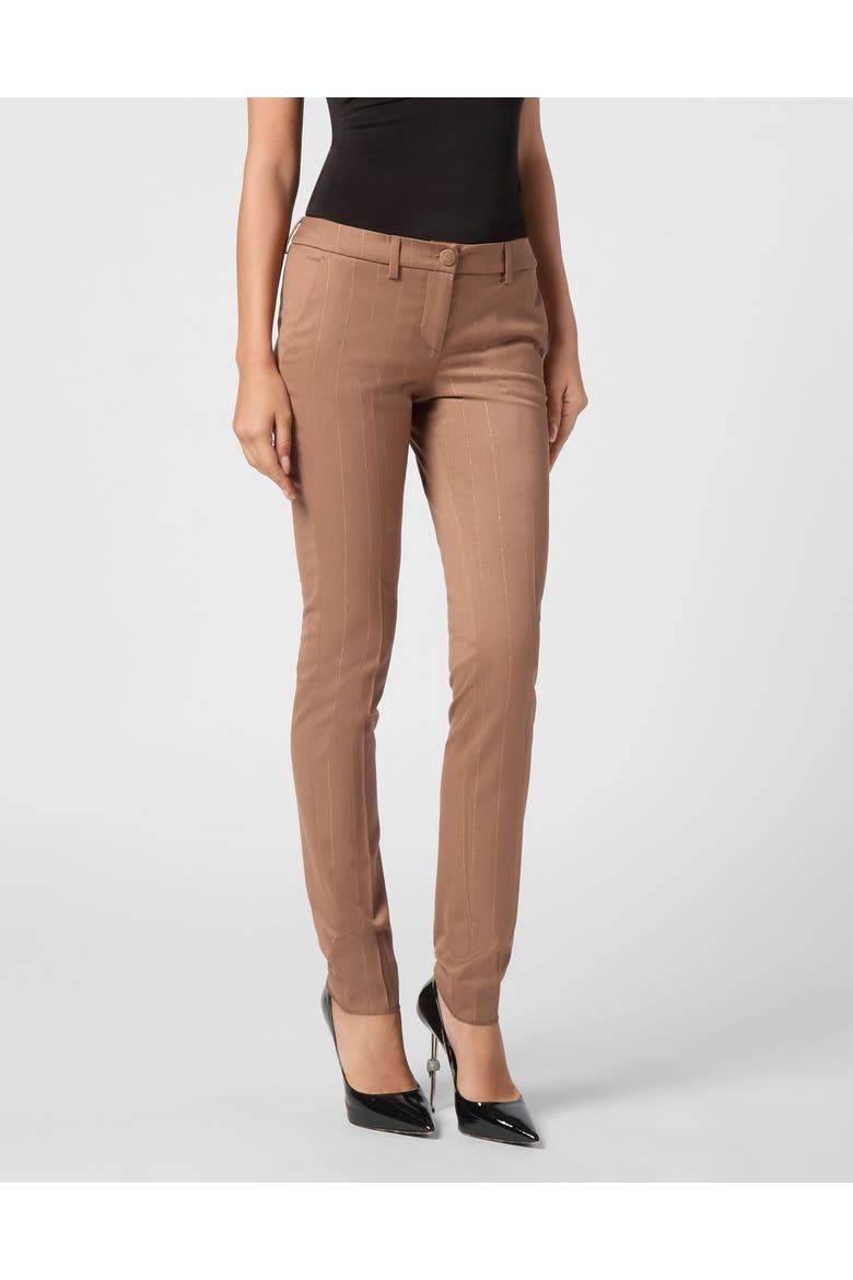 Pinstripe Chinos Fit Trousers Women, Main, color, brown
