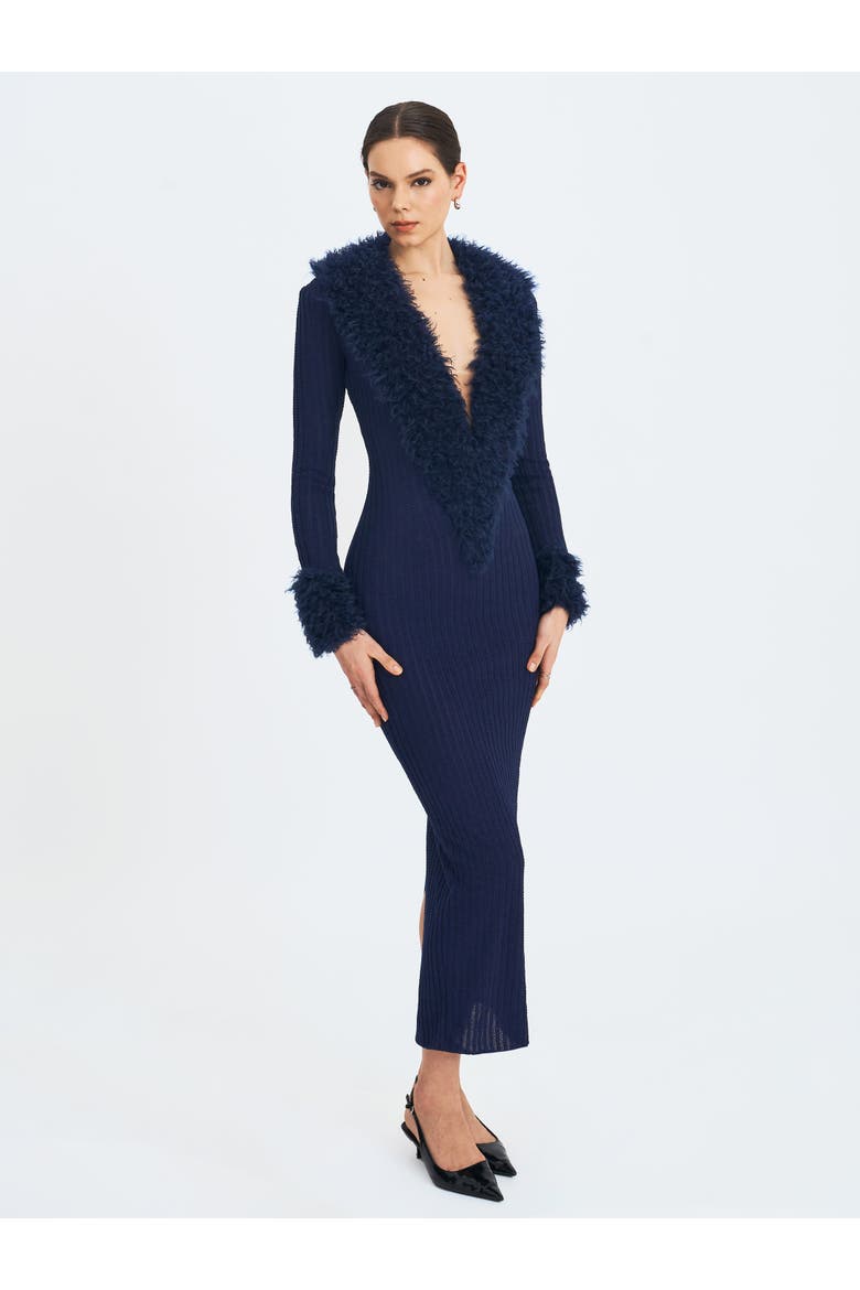 Romina Plunging Fur Trimmed Crochet Maxi Dress, Alternate, color, Navy