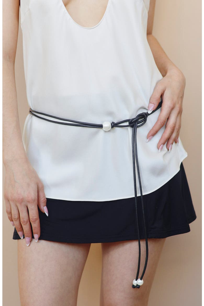 Faux Pearl Faux Leather Tie Belt, Alternate, color, BLACK