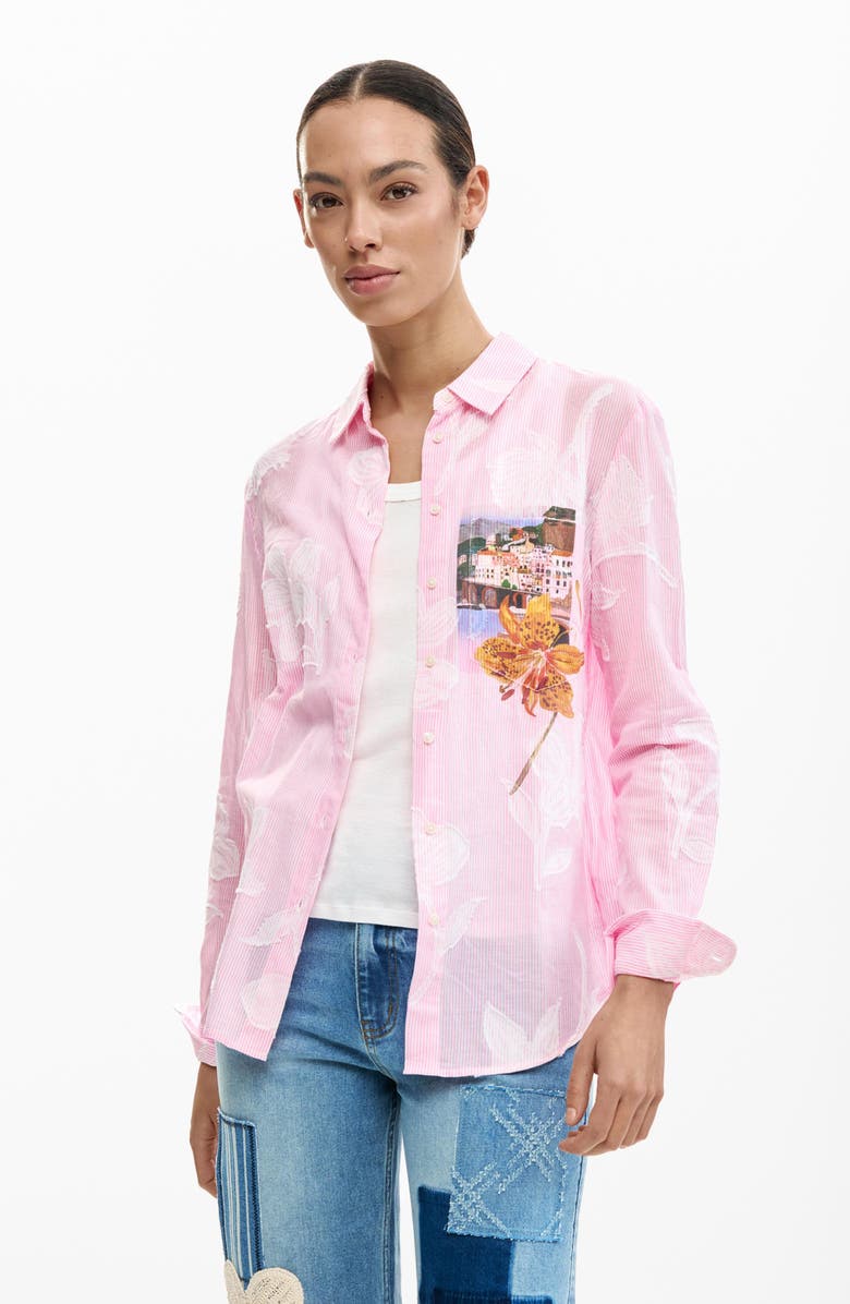 Desigual Floral Appliqué Stripe Graphic Button-Up Shirt, Alternate, color, Pink