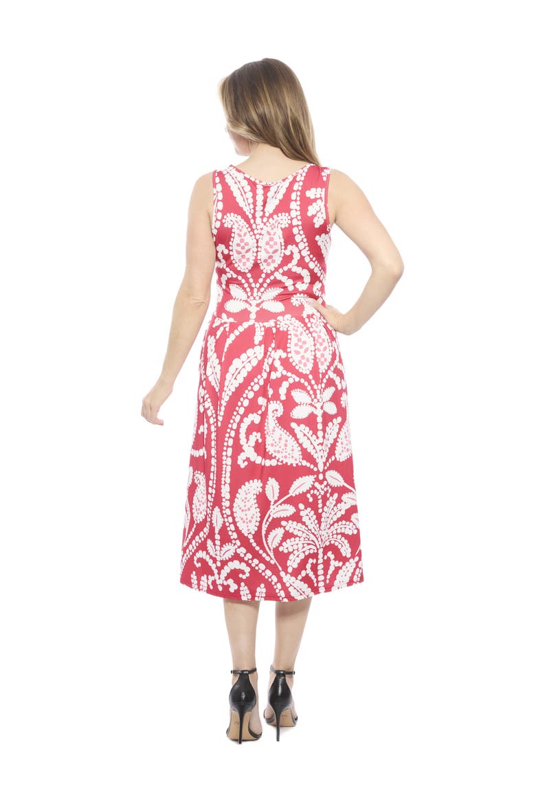 Womens Paisley V-Neck Sleeveless Pleated Pocket Midi Fit N Flare Dress, Alternate, color, Red Multi