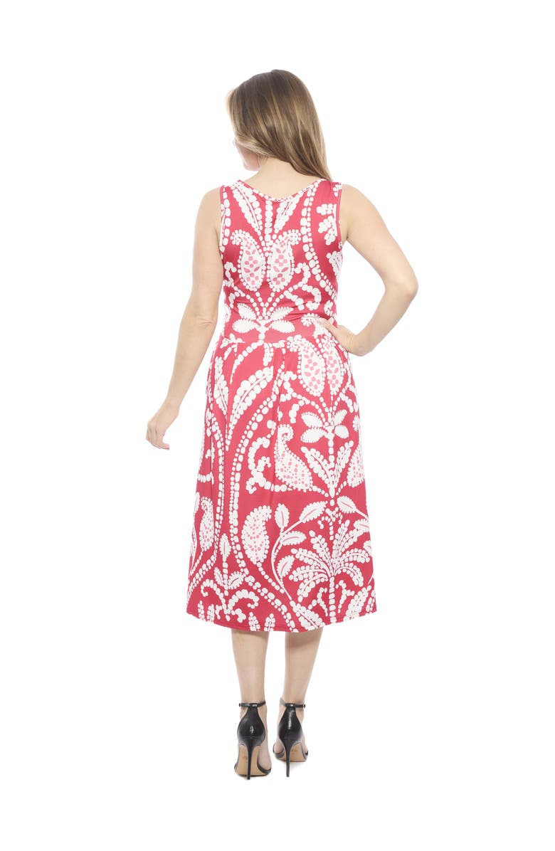 24seven Comfort Apparel Womens Paisley V-Neck Sleeveless Pleated Pocket Midi Fit N Flare Dress, Alternate, color, Red Multi