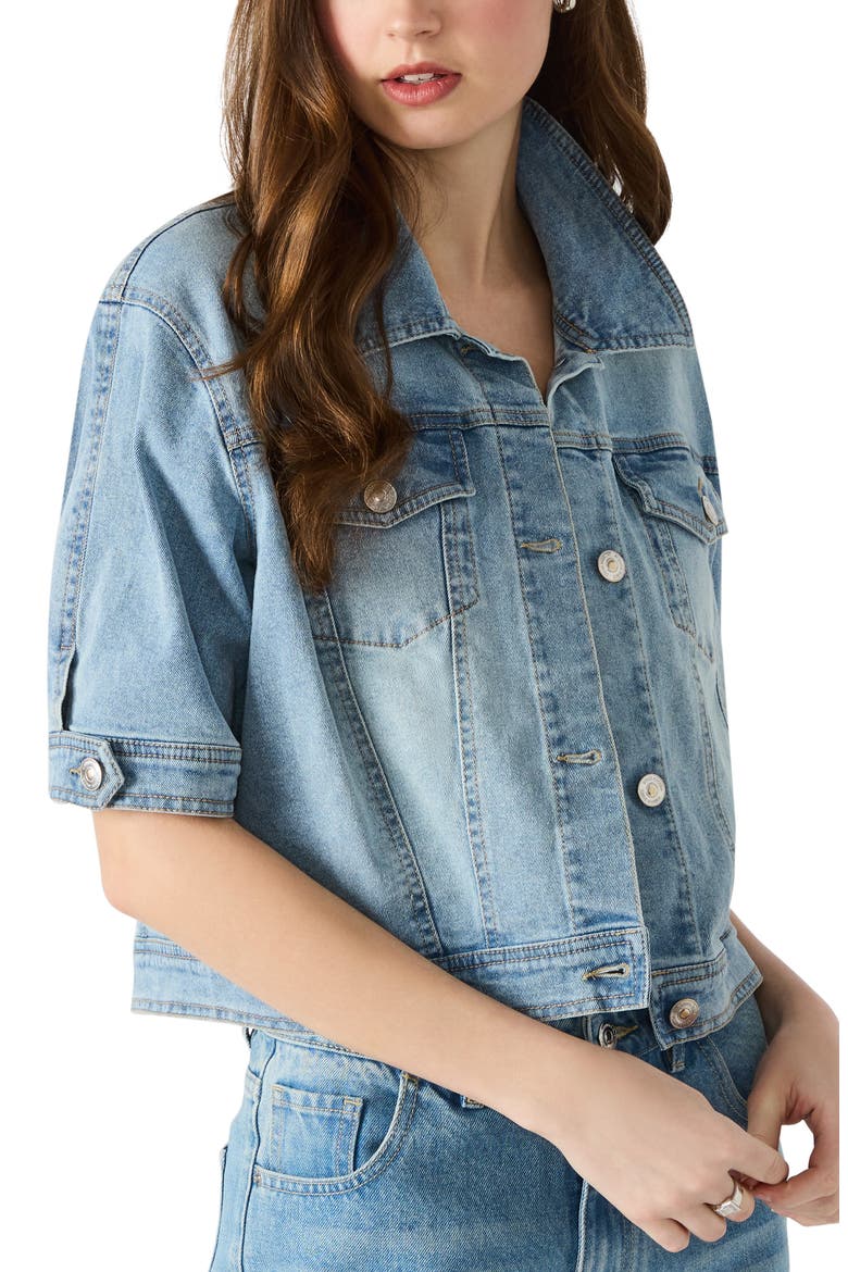 Blu Elbow Sleeve Denim Trucker Jacket, Alternate, color, MEDI BLUE DENIM