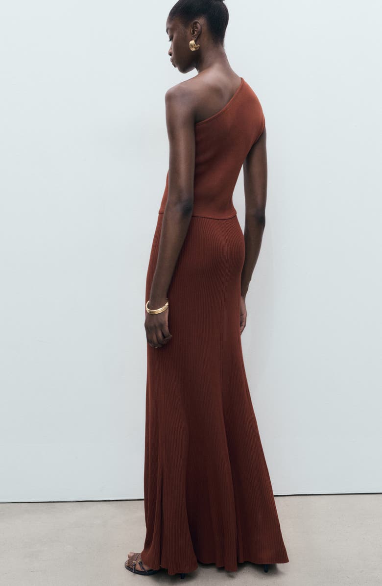 MANGO One-Shoulder Rib Maxi Dress, Alternate, color, Russet