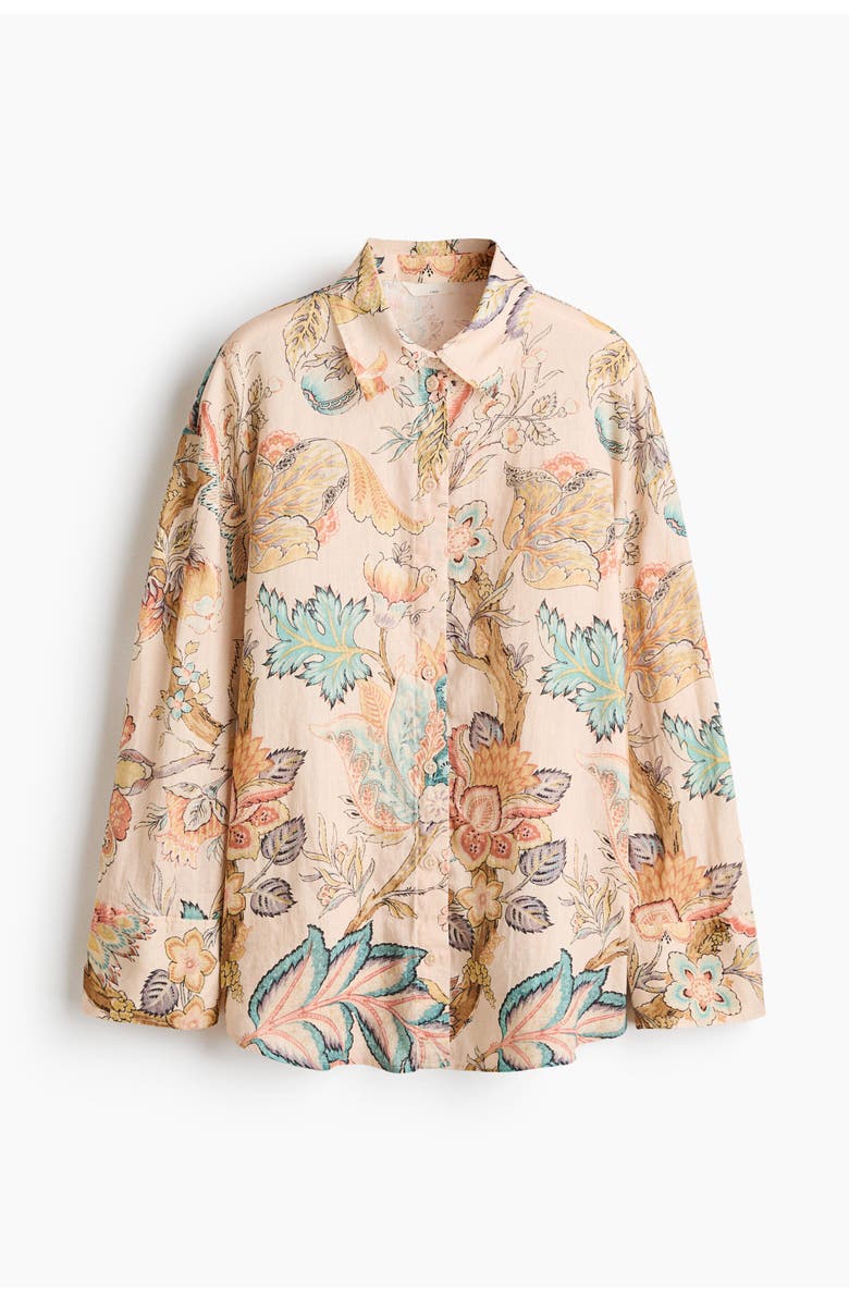 H&M Oversized Linen Shirt, Main, color, Light Beige/Floral