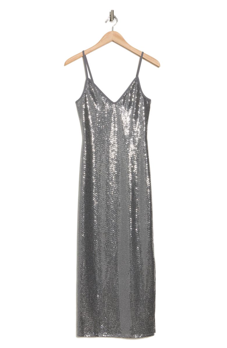 bebe Disco Sequin Midi Dress, Alternate, color, Pewter