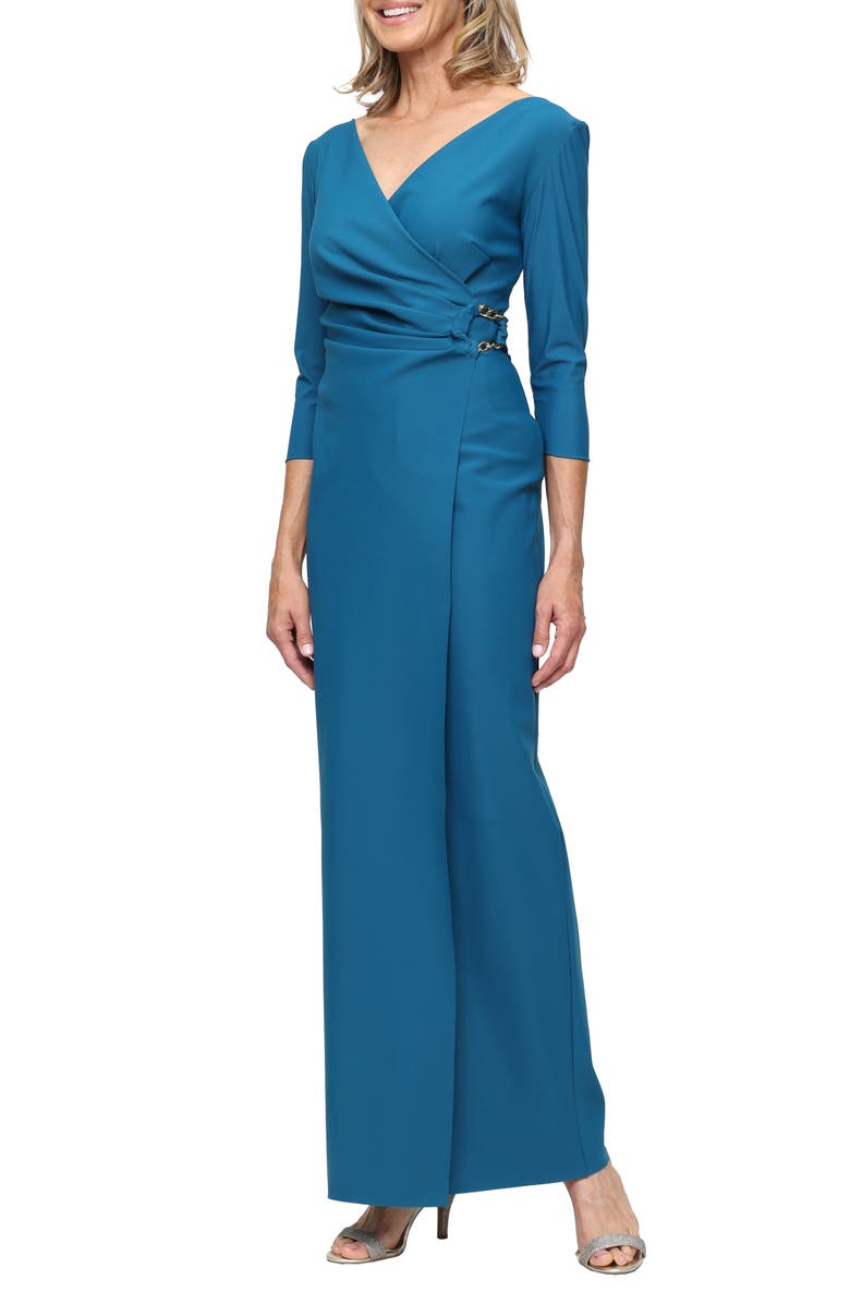 Alex Evenings Chain Detail Surplice Neckline Contour Gown, Main, color, Mid Teal