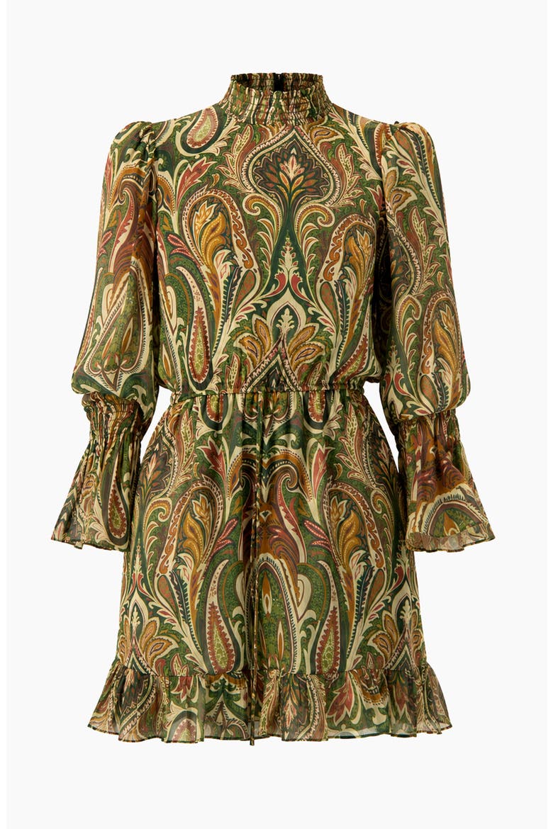 Paisley Print Smocked Mock-Neck Puff-Sleeve Mini Dress, Alternate, color, Olive Green