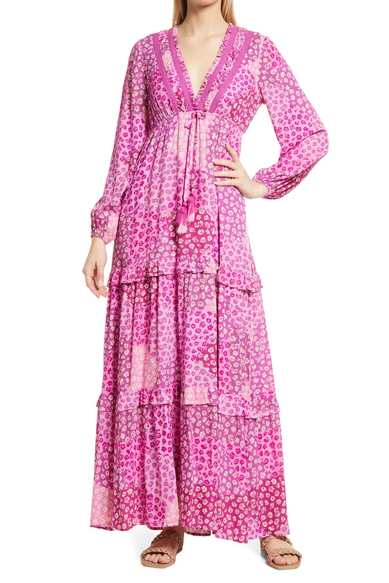 Floral Print Tiered Maxi Dress, Main, color, PINK MULTI
