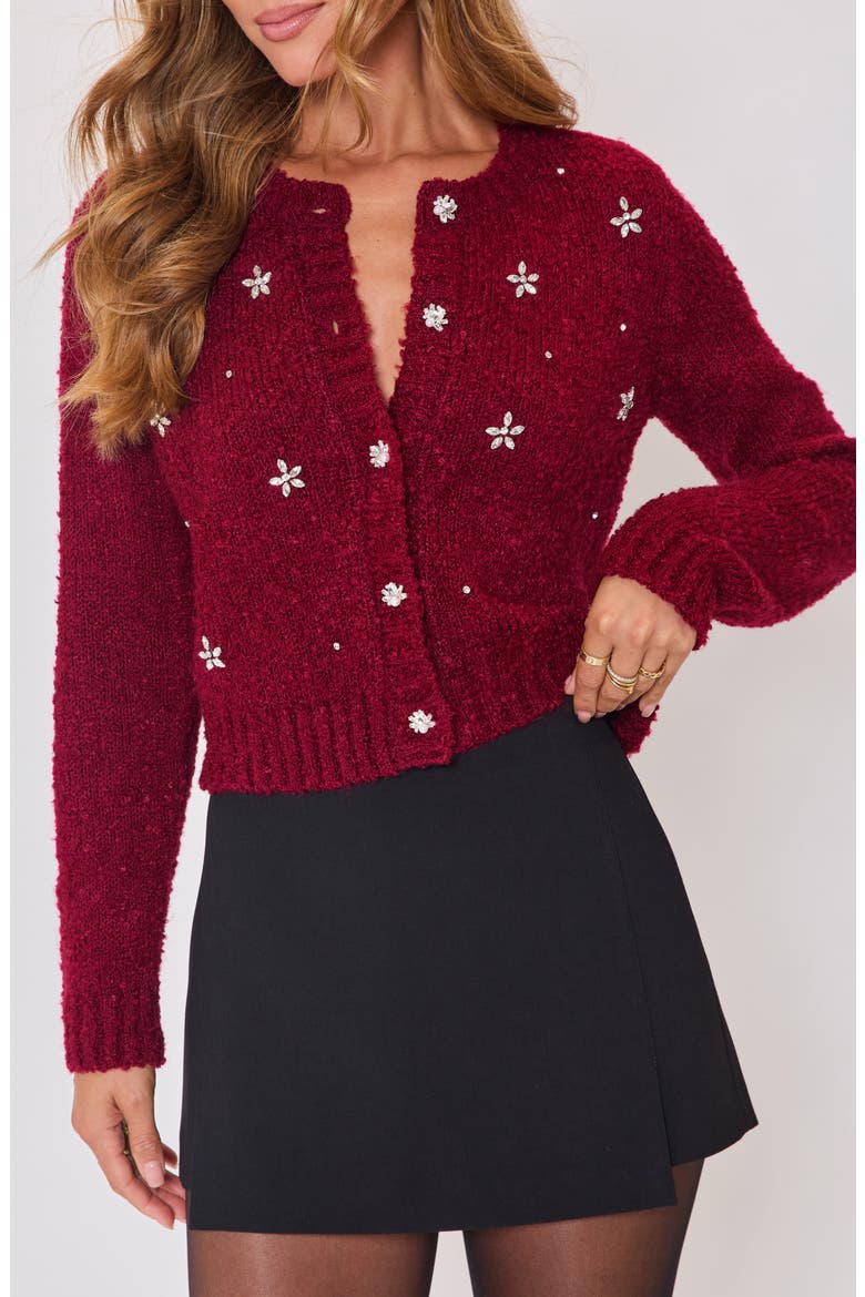 Escape Embellished Bouclé Cardigan, Main, color, BURGUNDY