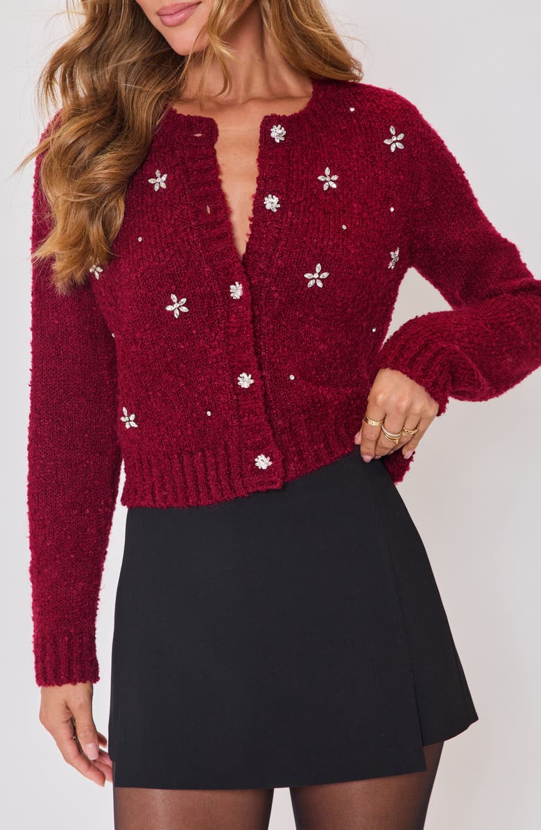 VICI Collection Escape Embellished Bouclé Cardigan, Main, color, Burgundy