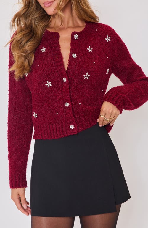 Vici Collection Escape Embellished Bouclé Cardigan In Burgundy