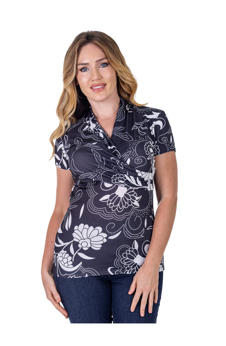 24seven Comfort Apparel Petites Black and White Short Sleeve V-Neck Wrap Top, Main, color, Black Multi