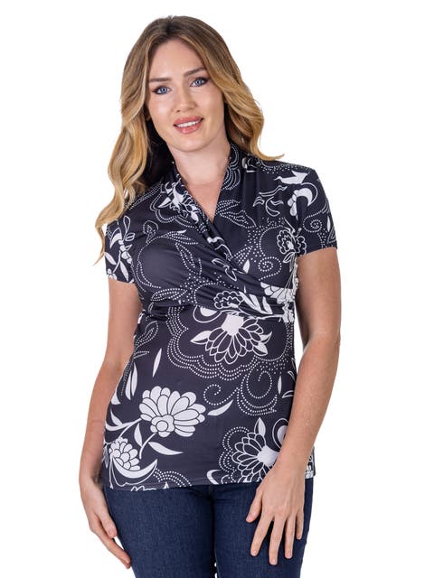 Petites Black and White Short Sleeve V-Neck Wrap Top