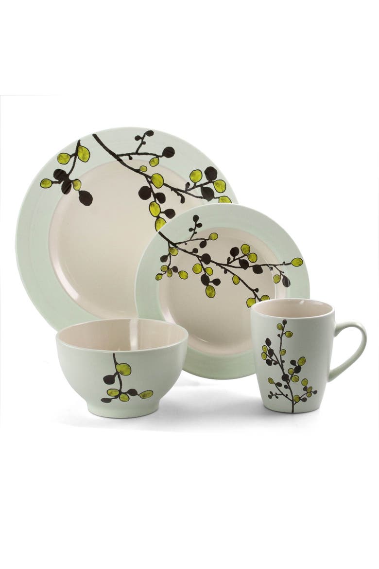 Retro Bloom 16 Piece Luxurious Stoneware Dinnerware, Alternate, color, Green