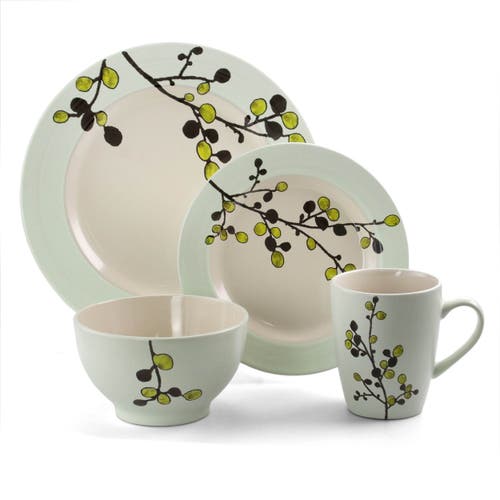 Elama Retro Bloom 16 Piece Luxurious Stoneware Dinnerware With Complete Setting For 4 In Green