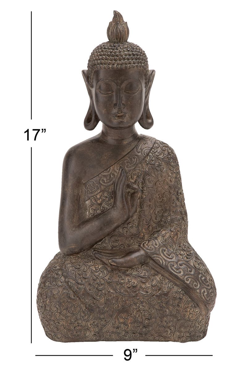 WILLOW ROW Brown Polystone Bohemian Buddha Sculpture with Engraved Carvings and Relief Detailing, Alternate, color,
