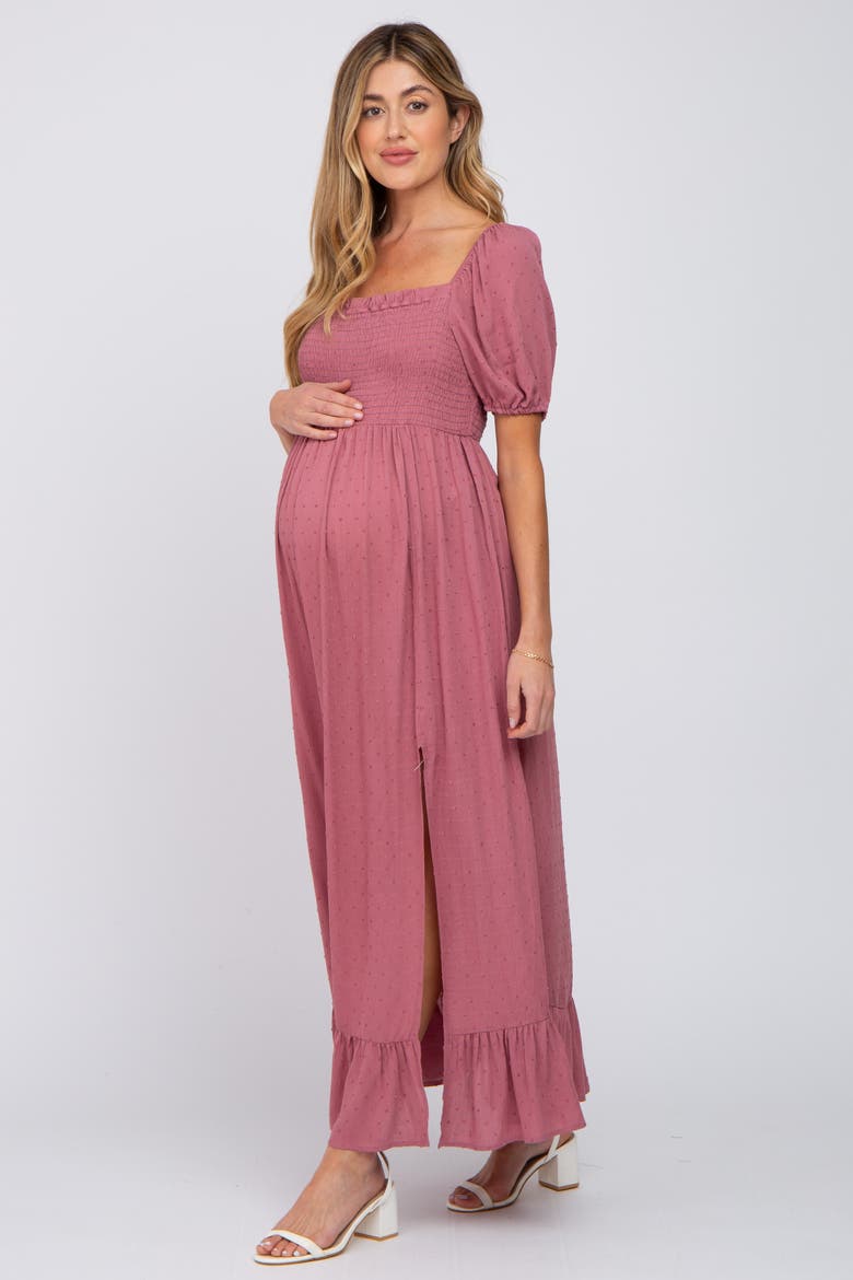 Swiss Dot Square Neck Smocked Maxi Dress, Alternate, color, Mauve