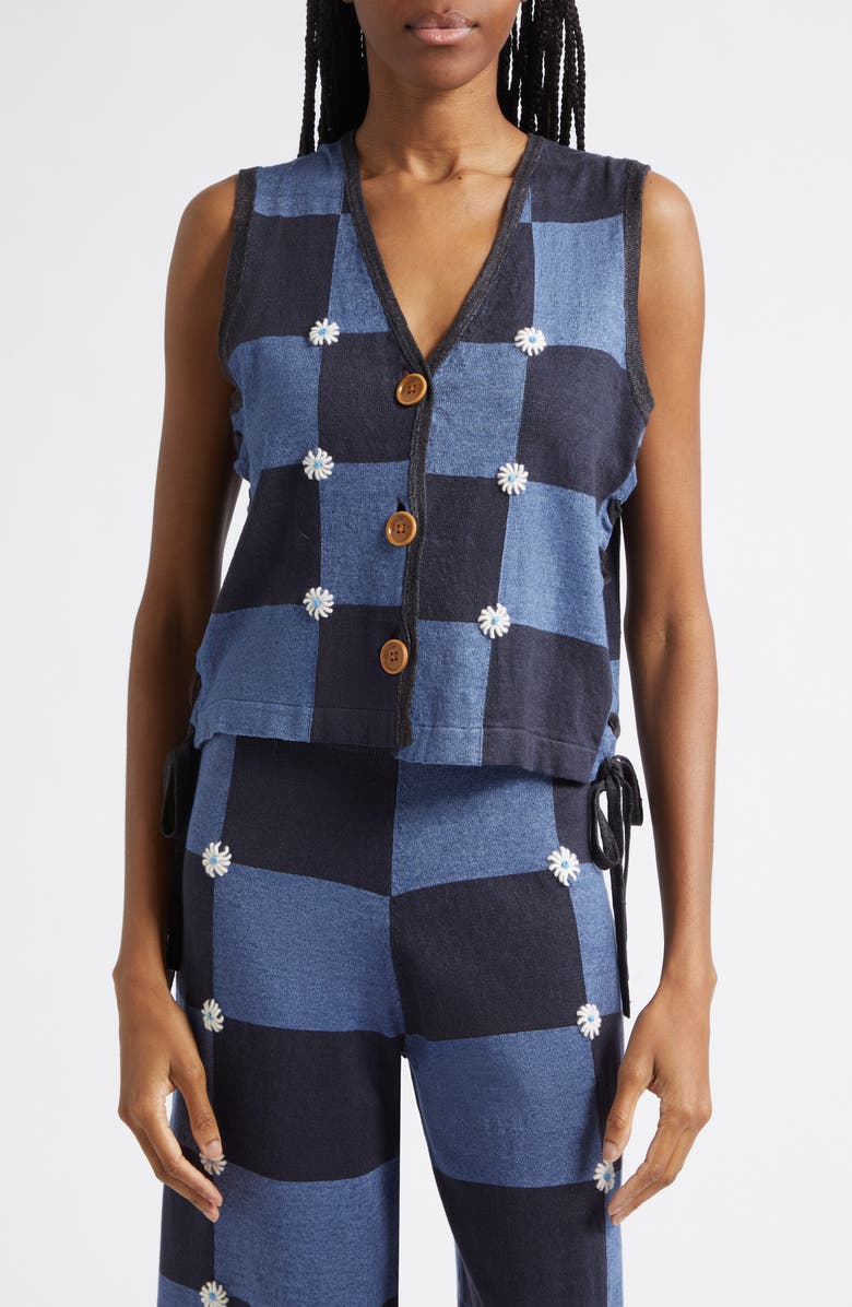 YanYan Daisy Intarsia Check Linen Blend Vest, Main, color, Denim