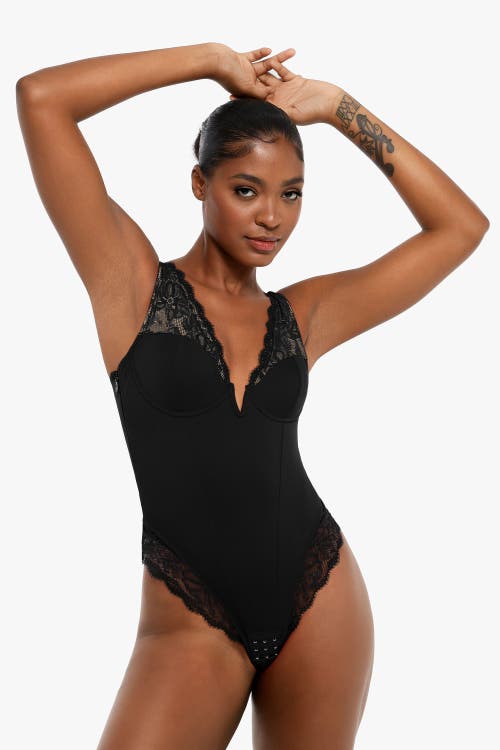 Popilush Shapewear Deep V-neck Sculpting Lace Inset Bodysuit In Midnight Black