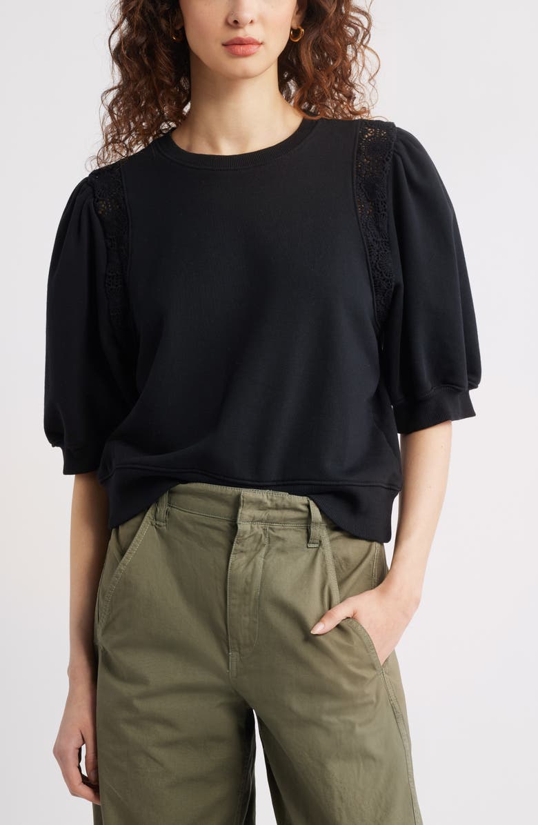 Treasure & Bond Lace Inset Puff Sleeve Crop Sweatshirt, Main, color,