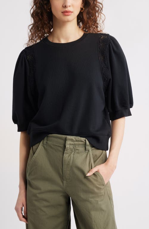 Shop Treasure & Bond Lace Inset Puff Sleeve Crop Sweatshirt In Black