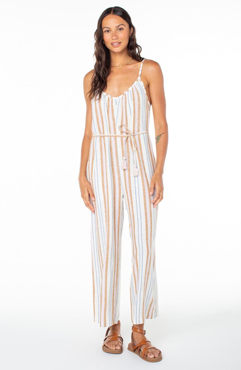 Roxy Gale Stripe Linen Blend Jumpsuit, Alternate, color, Egret
