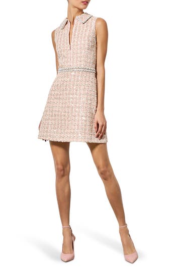 Alice And Olivia Alice + Olivia Ellis Embellished Collar Imitation Pearl Trim Tweed Sheath Dress In Pearl Blush