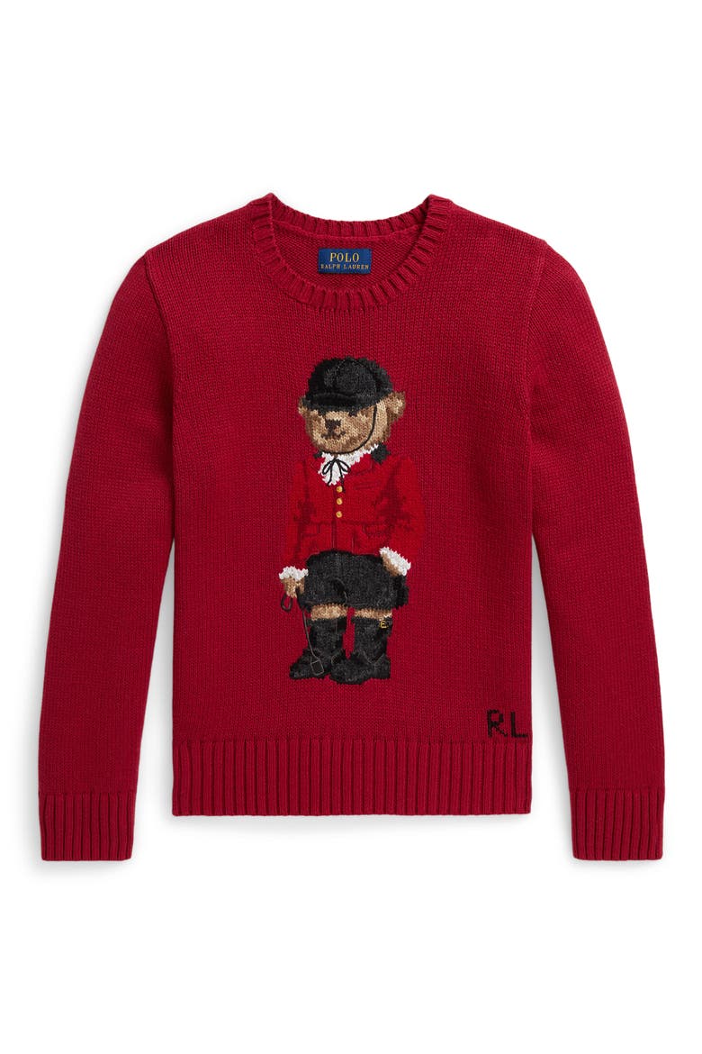 Kids' Polo Bear Cotton Sweater, Alternate, color, RED