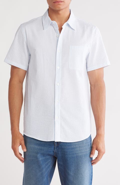 Stripe Cotton Seersucker Short Sleeve Button-Up Shirt