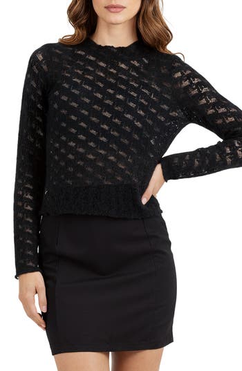 Lush Bow Textured Mock Neck Long Sleeve Mesh Top In Black