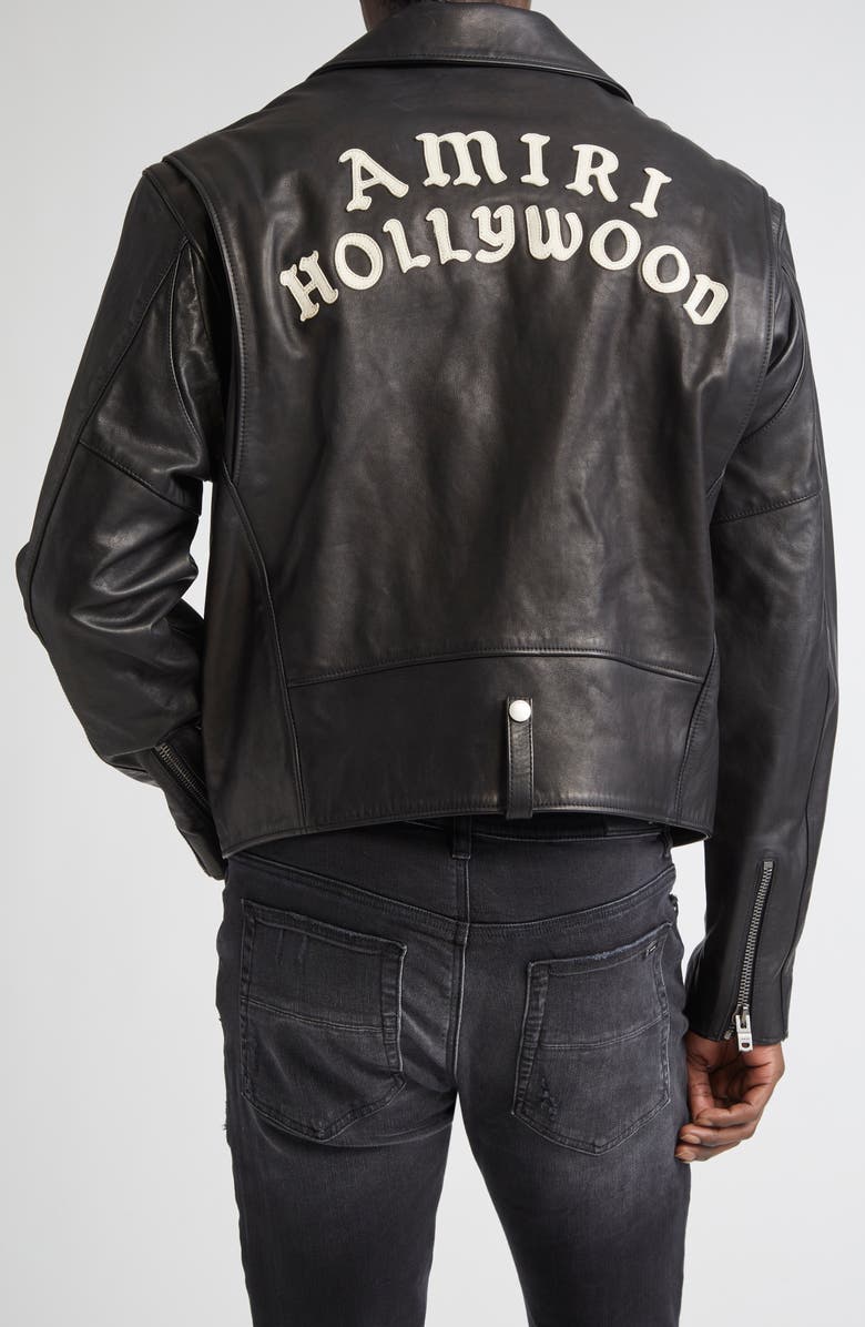 AMIRI Hollywood Appliqué Leather Biker Jacket, Alternate, color, Black