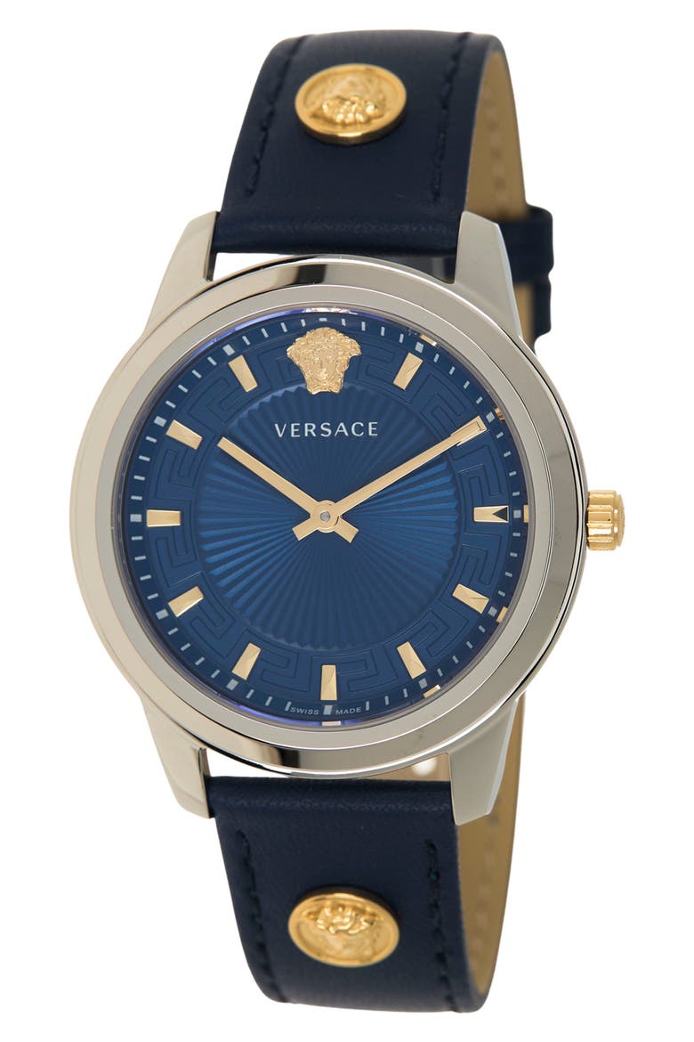 Women's Greca Leather Strap Watch, 38mm, Main, color, STAINLESS STEEL