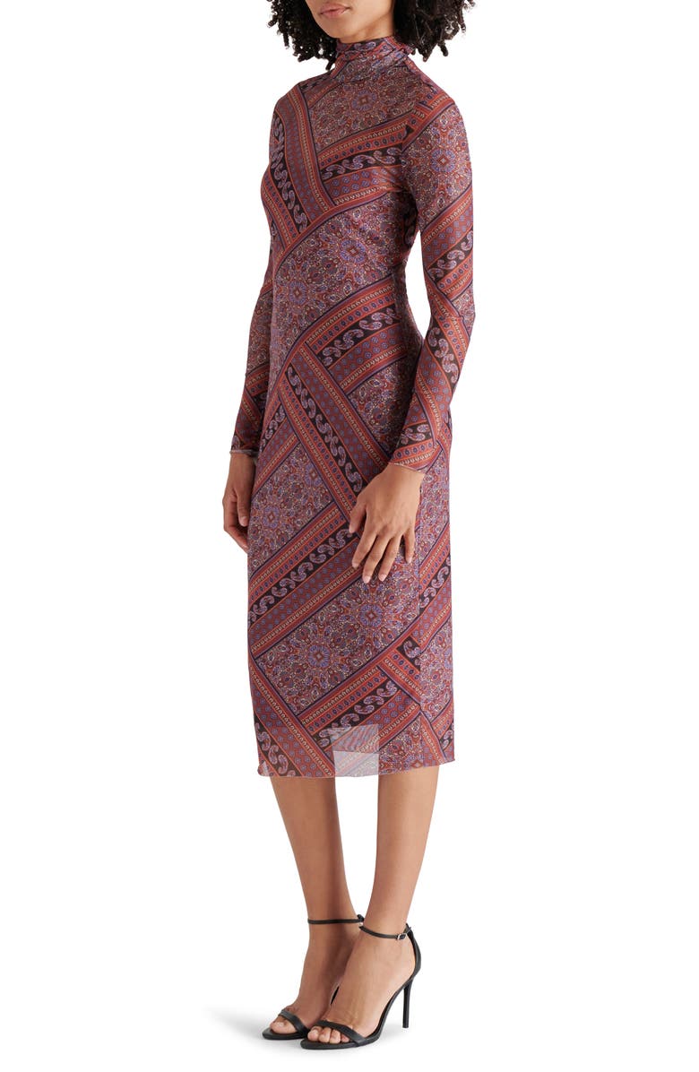 Steve Madden Vivienne Scarf Print Long Sleeve Turtleneck Mesh Midi Dress, Alternate, color, Multi