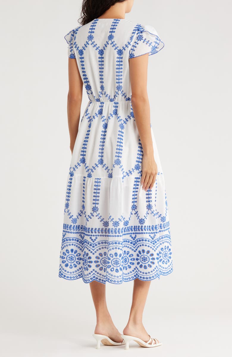 AREA STARS Ani Embroidered Eyelet Cap Sleeve Midi Dress, Alternate, color, White