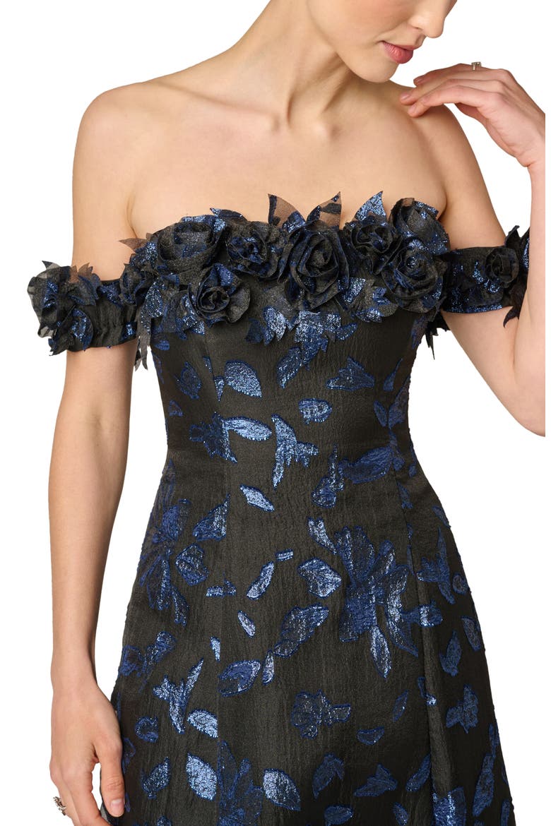 Metallic Jacquard Organza Off the Shoulder Gown, Alternate, color, NAVY/BLACK