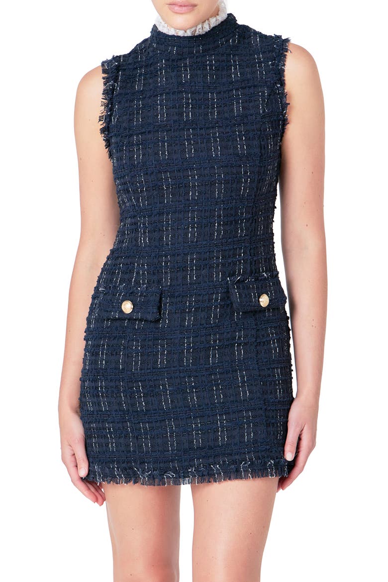 Lace Sleeveless Tweed Minidress, Alternate, color, NAVY
