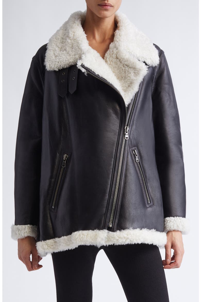 Shaeffer Leather & Genuine Shearling Aviator Jacket, Main, color, BLACK