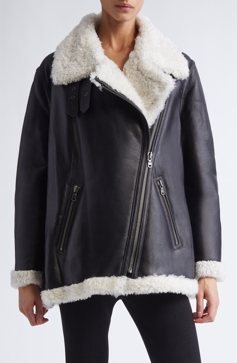 Altuzarra Shaeffer Leather & Genuine Shearling Aviator Jacket, Main, color, Black