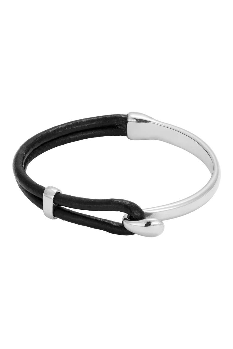 Men's Leather and Cuff Bracelet, Main, color, BLACK/ SILVER