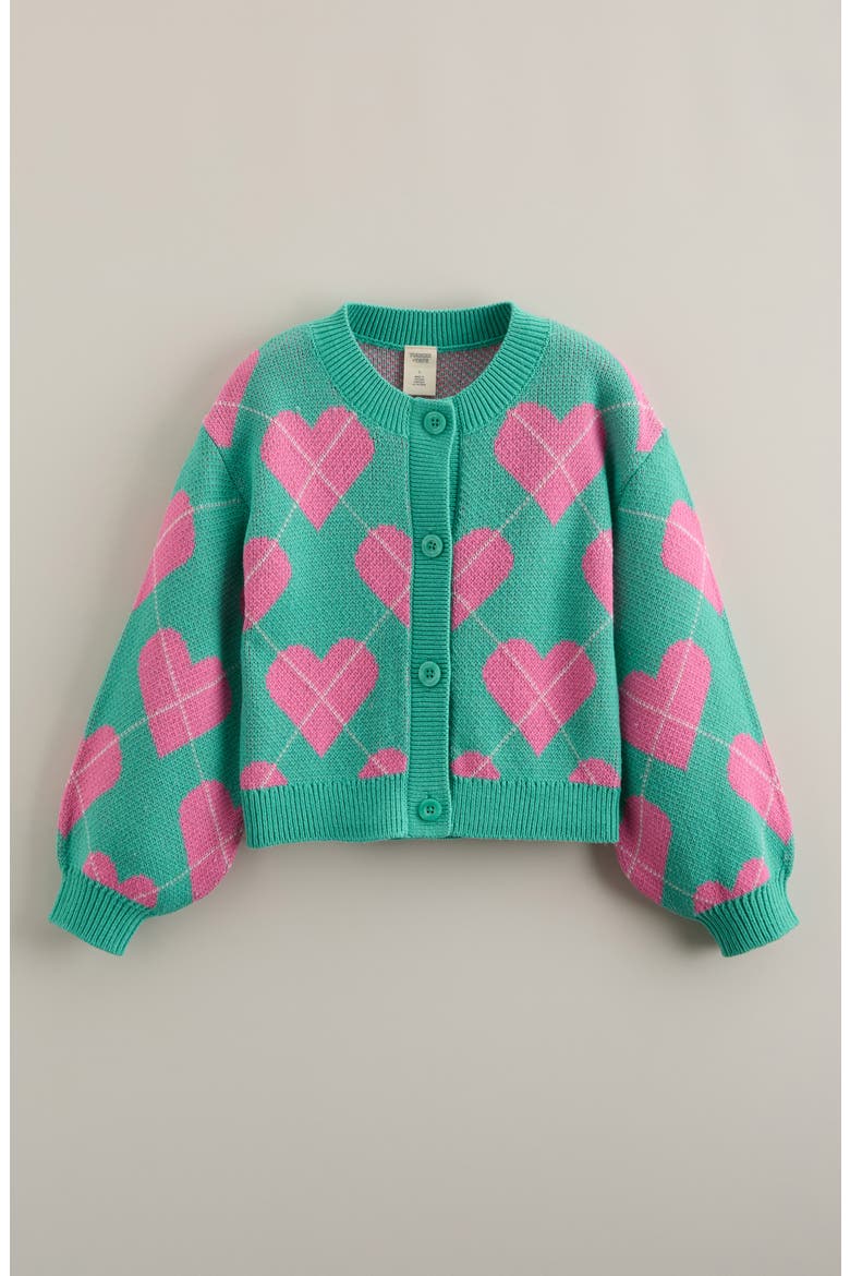 Kids' Heart Argyle Cotton Blend Jacquard Cardigan, Main, color, GREEN CYAN HEART ARGYLE