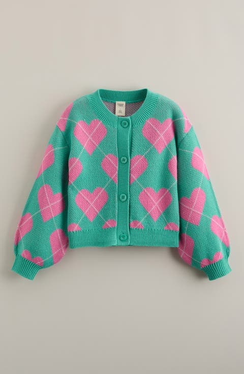 Kids' Heart Argyle Cotton Blend Jacquard Cardigan