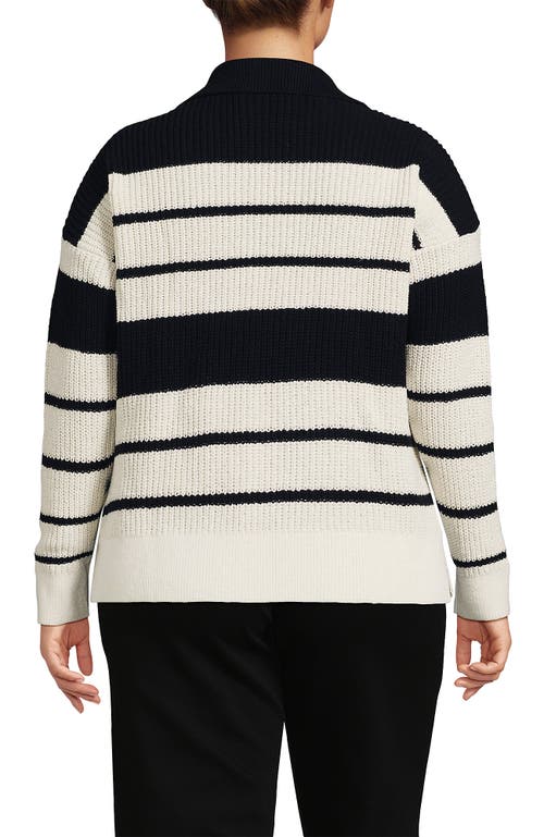 Lands' End Plus Size Cotton Boucle Johnny Collar Shaker Pullover In Ivory/black Stripe